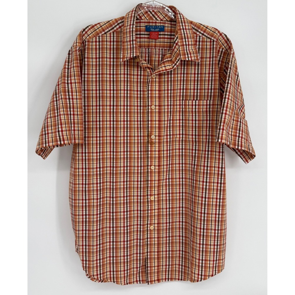 Puritan Mens Red Cardinal Plaid Short Sleeve Button Down Shirt Sz L